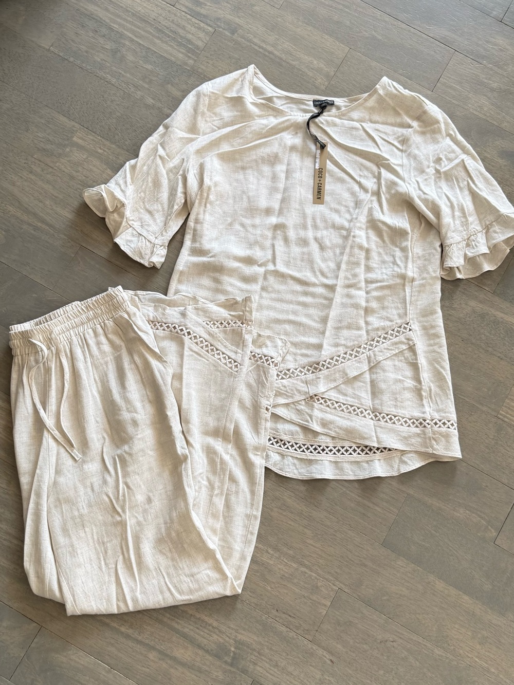 Coco + Carmen Cream Linen-Blend Short Sleeve Tunic with Crochet Detail